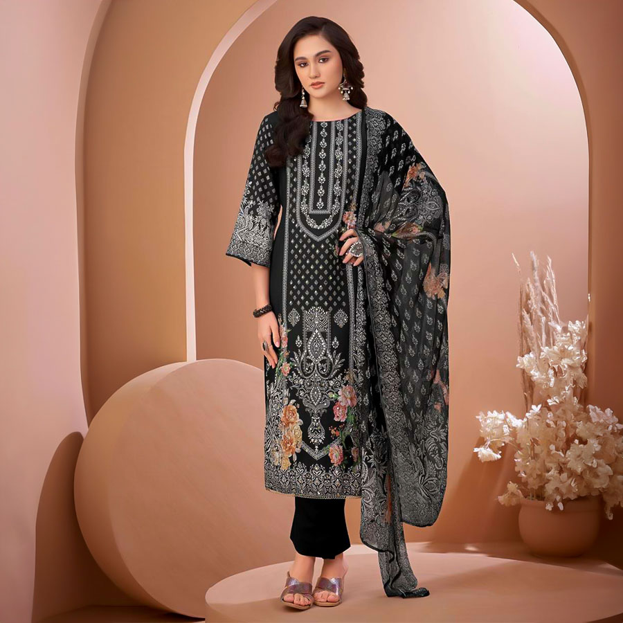 Black  Viscose Muslin Casual Wear Salwar Kameez