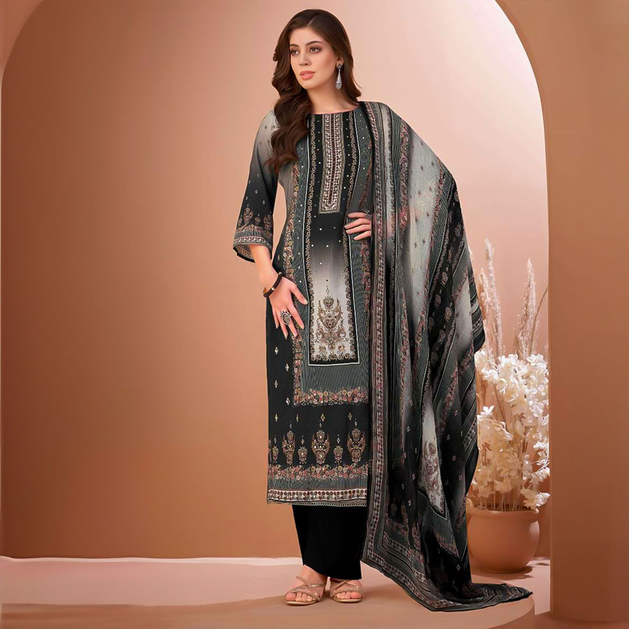 Black  Viscose Muslin Casual Wear Salwar Kameez