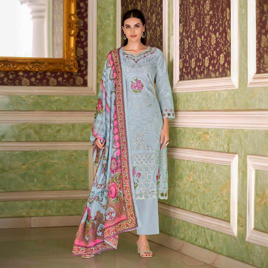 Blue  Cambric Lawn  Casual Wear Salwar Kameez
