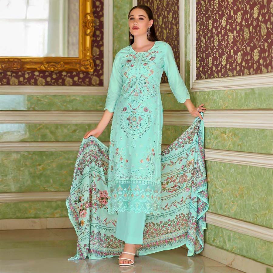 Cyan Cambric Lawn  Casual Wear Salwar Kameez