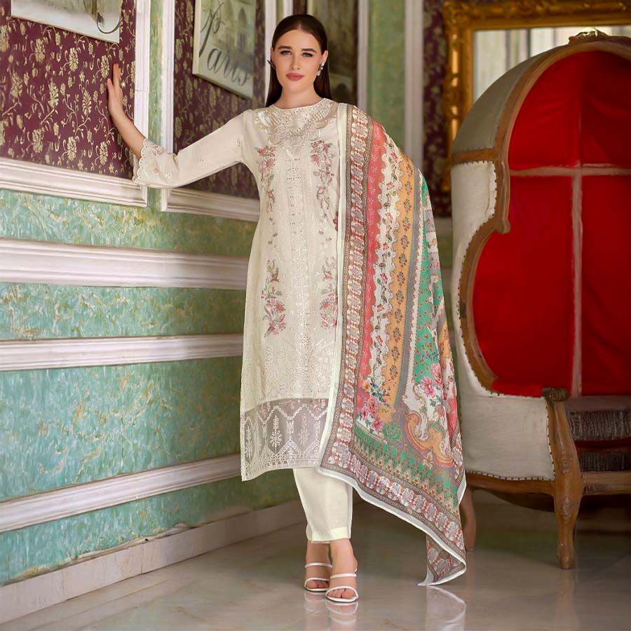White  Cambric Lawn  Casual Wear Salwar Kameez