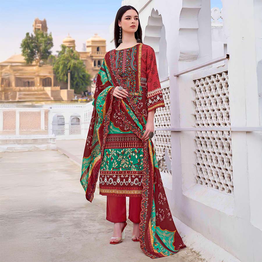 Red Cambric Cotton Casual Wear Salwar Kameez