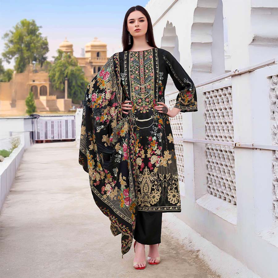 Black Cambric Cotton Casual Wear Salwar Kameez