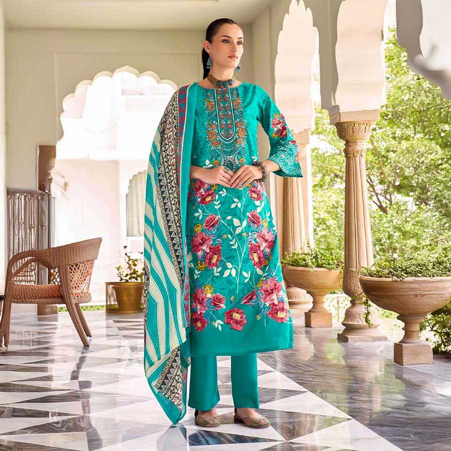 Cyan Cambric Cotton Casual Wear Salwar Kameez