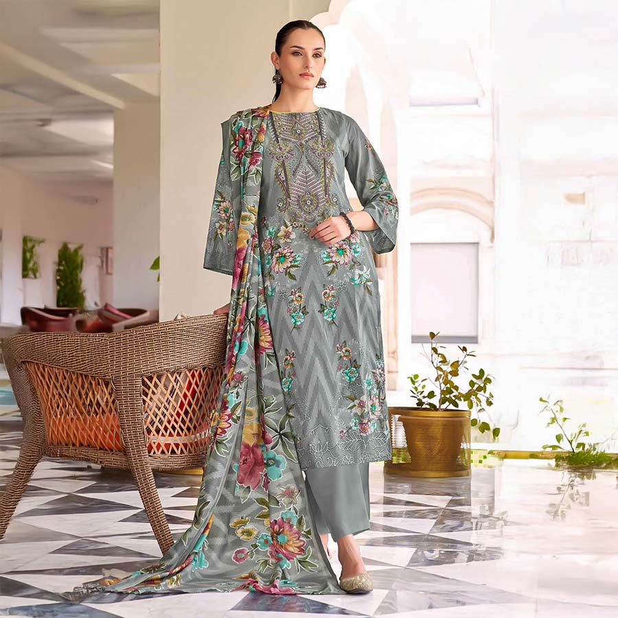 Grey  Cambric Cotton Casual Wear Salwar Kameez