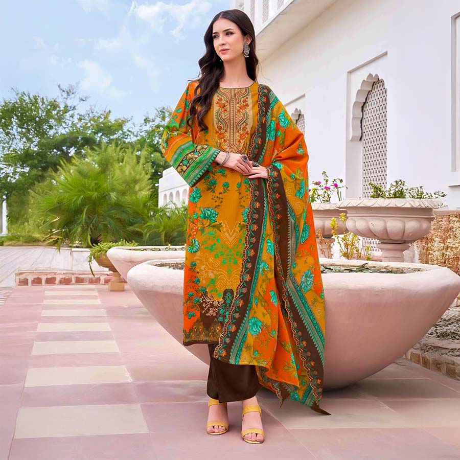 Orange  Cambric Cotton Printed Salwar Kameez