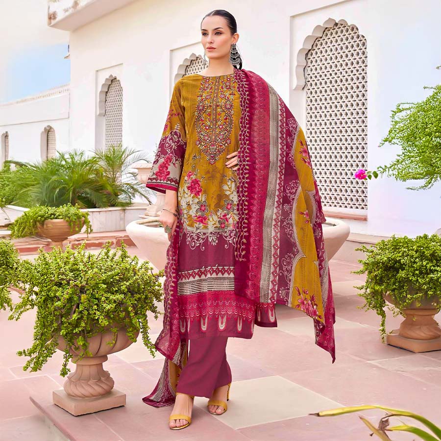 Yellow  Cambric Cotton Printed Salwar Kameez