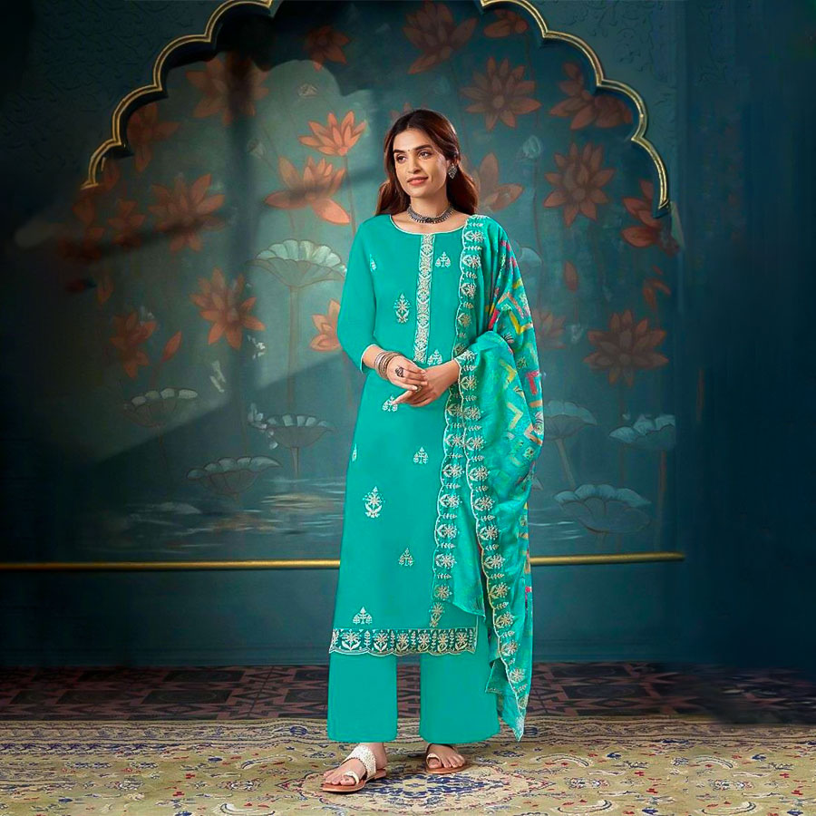 Cyan Cotton Casual Wear Salwar Kameez