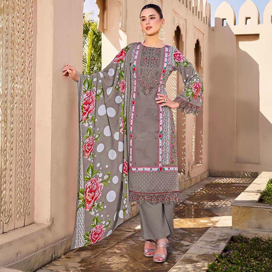 Grey Cambric Cotton Casual Wear Salwar Kameez