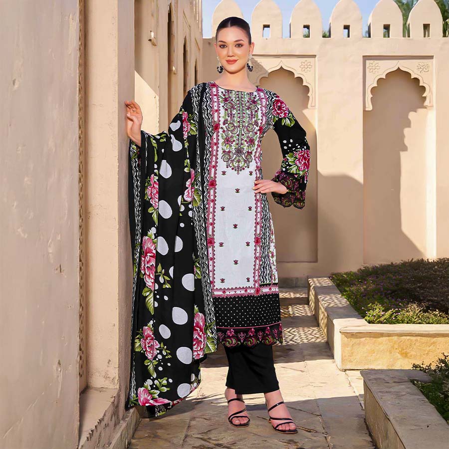 Black and White Cambric Cotton Casual Wear Salwar Kameez