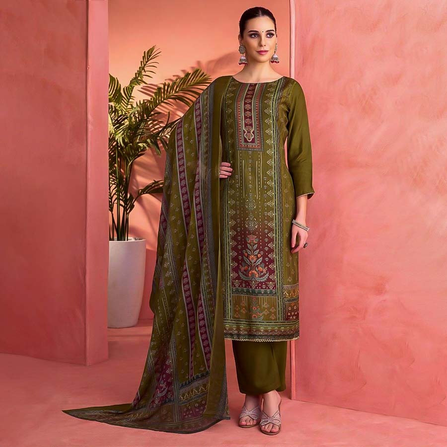 Olive Green Viscose Muslin Casual Wear Salwar Kameez