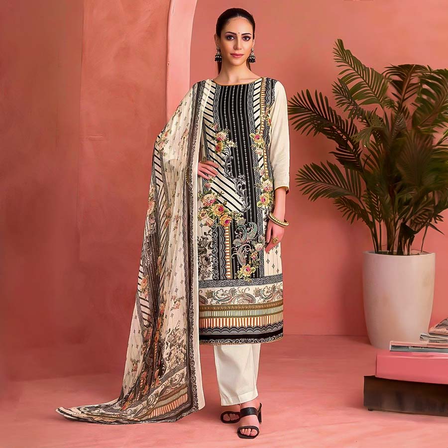 White Viscose Muslin Casual Wear Salwar Kameez