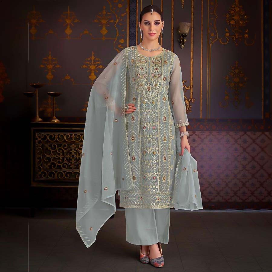 White  Organza Casual Wear Salwar Kameez