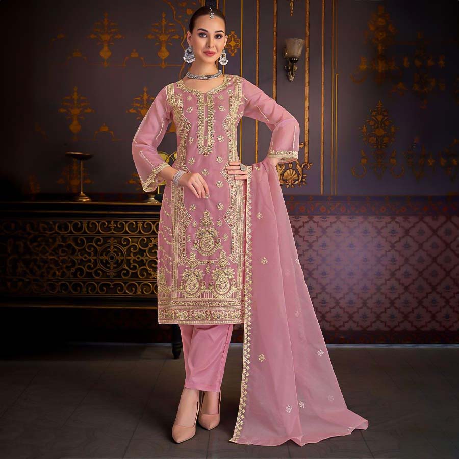 Pink Organza Casual Wear Salwar Kameez