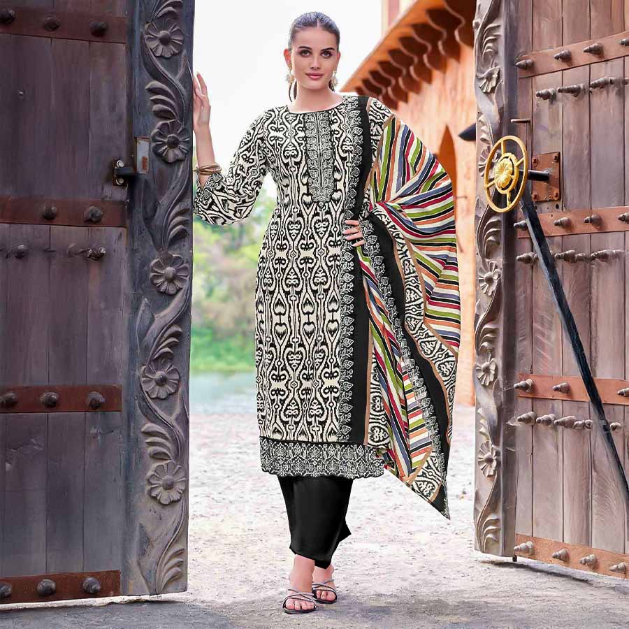 Black and White Rayon Casual Wear Salwar Kameez