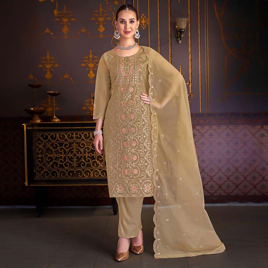 Light Brown Organza Casual Wear Salwar Kameez