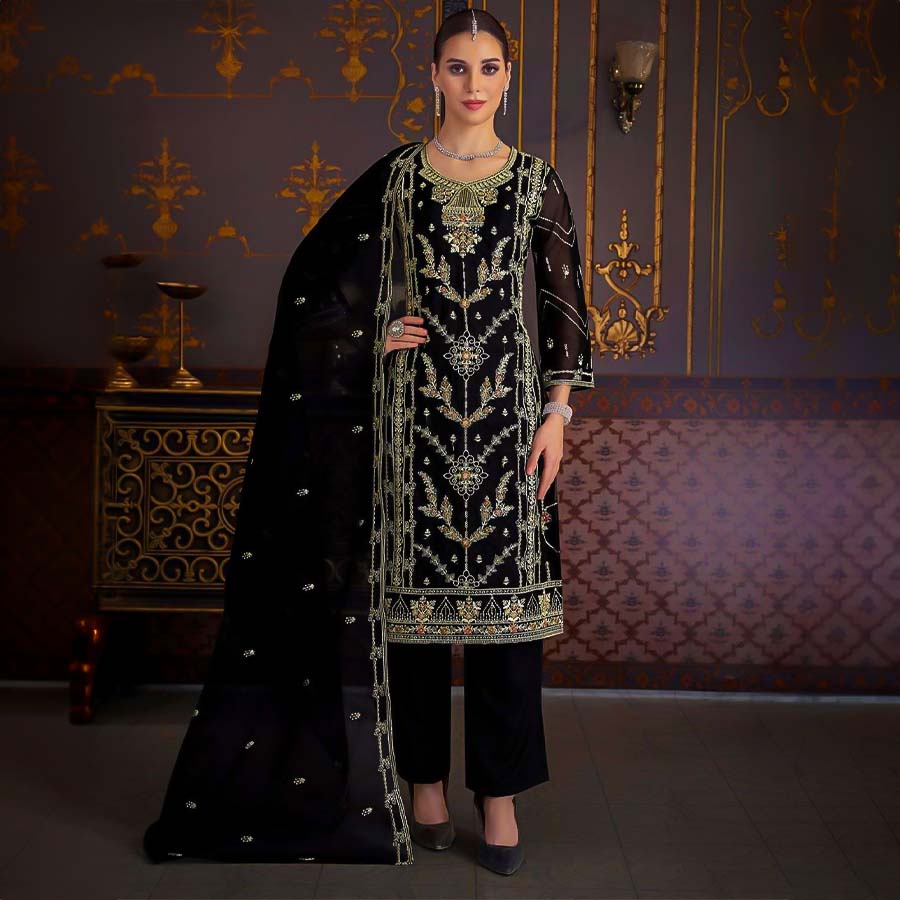 Black Organza Casual Wear Salwar Kameez