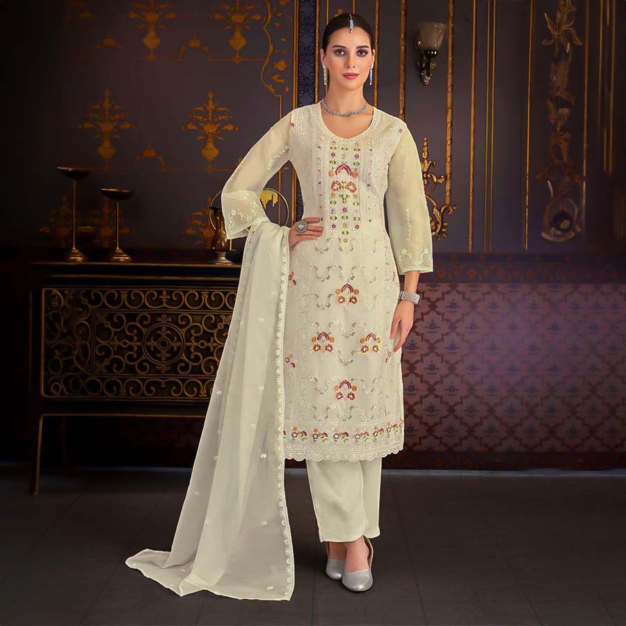 White  Organza Casual Wear Salwar Kameez