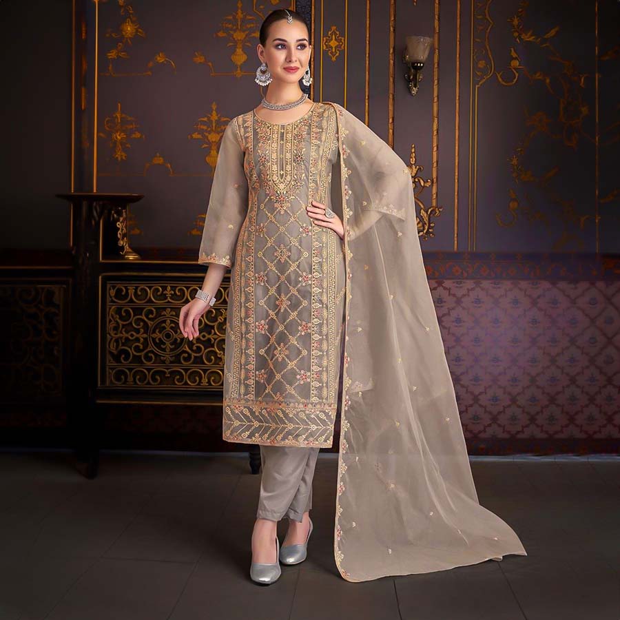 Grey Organza Casual Wear Salwar Kameez