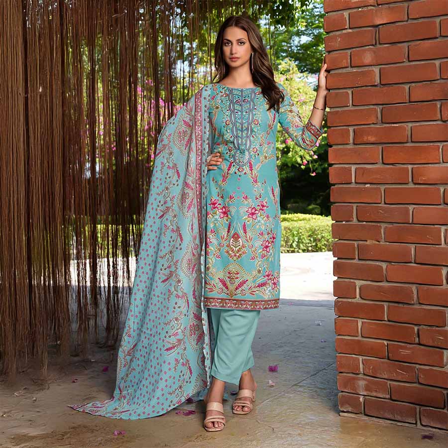 Cyan Cambric Cotton Casual Wear Salwar Kameez
