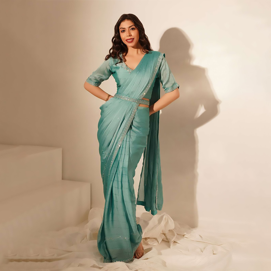 Sky blue Chinon silk Designer Saree