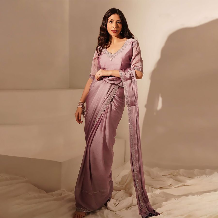 Purple  Chinon silk Designer Saree