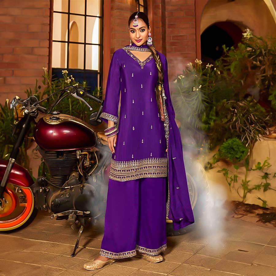 Purple Chinon  Party Wear Kurti