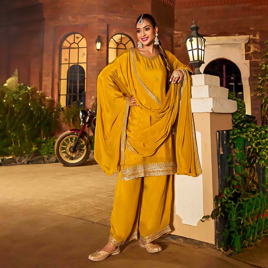 Yellow Chinon  Party Wear Kurti