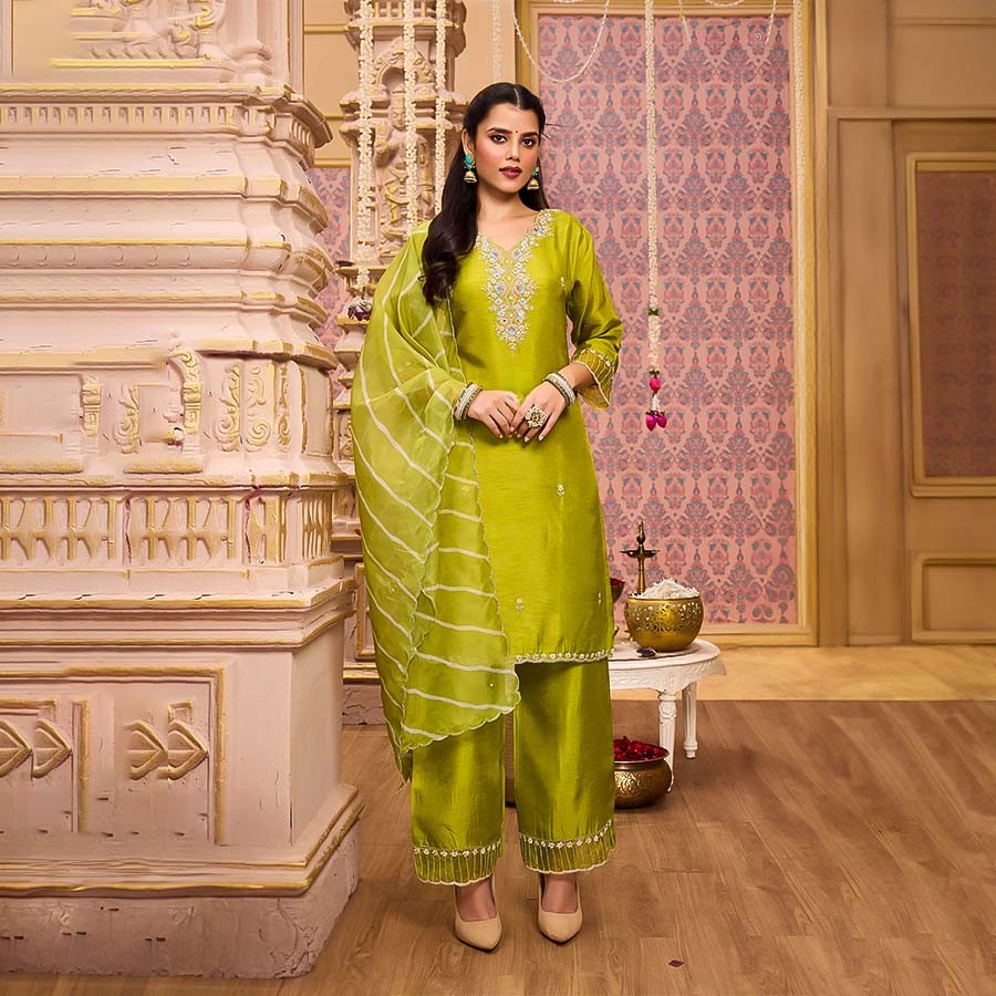 Green Pure Dola Party Wear Kurti