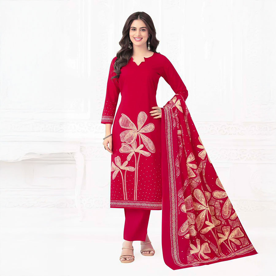 Red  Cotton Printed Salwar Kameez