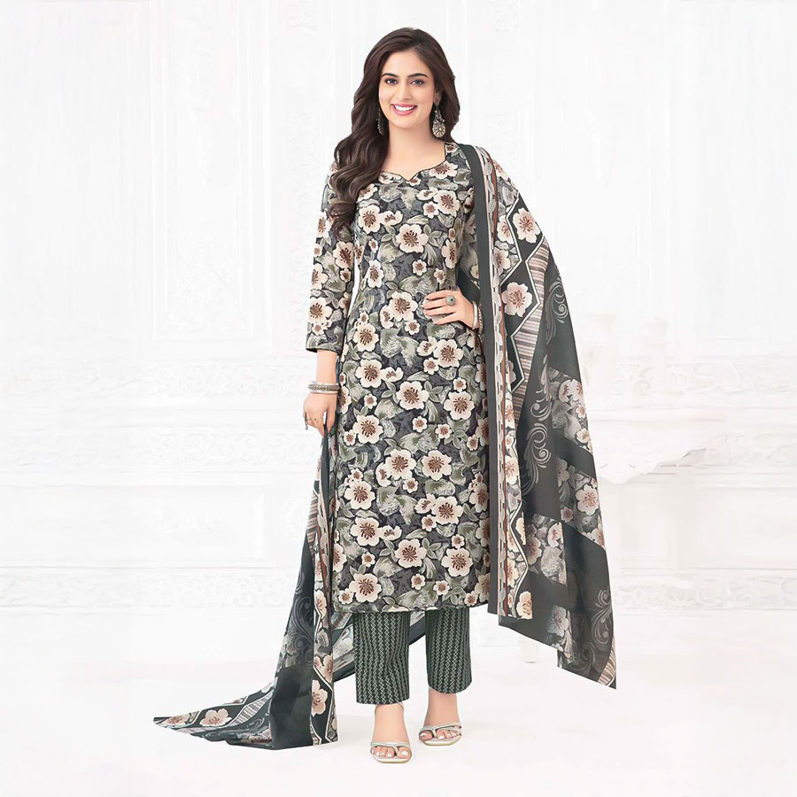 Grey Cotton Printed Salwar Kameez