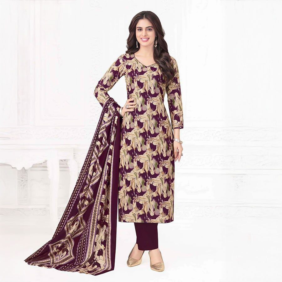 Brown Cotton Printed Salwar Kameez