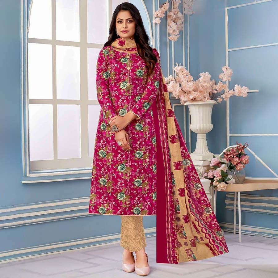 Red Pure Cotton Printed Salwar Kameez