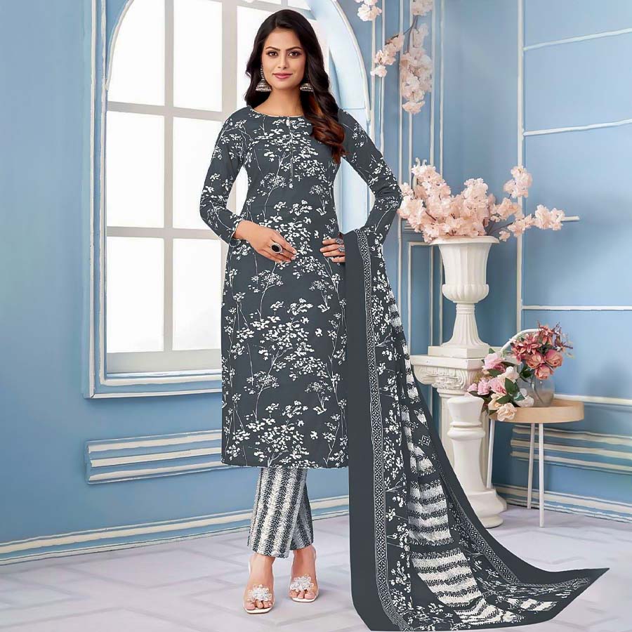 Grey Pure Cotton Printed Salwar Kameez