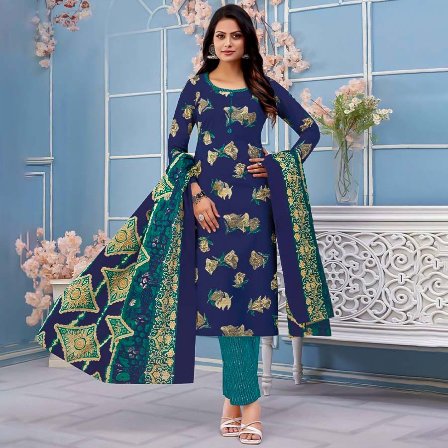 Blue Pure Cotton Printed Salwar Kameez