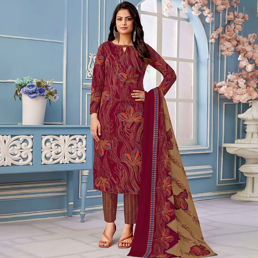 Red Pure Cotton Printed Salwar Kameez