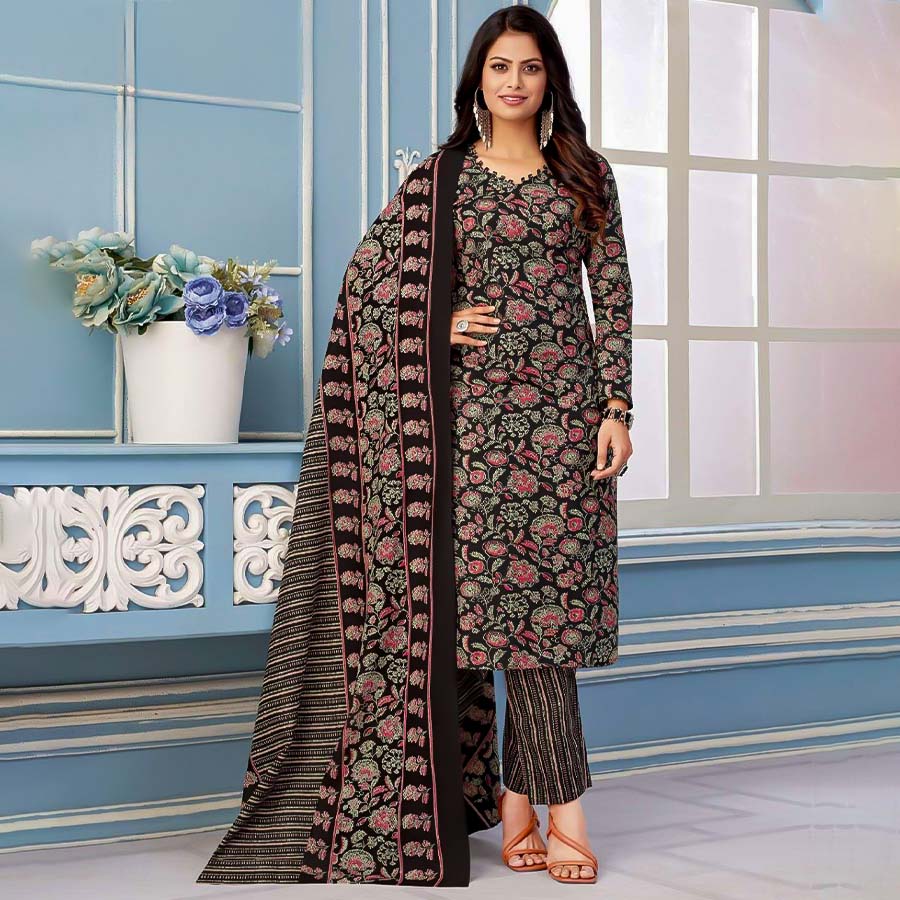 Black Pure Cotton Printed Salwar Kameez