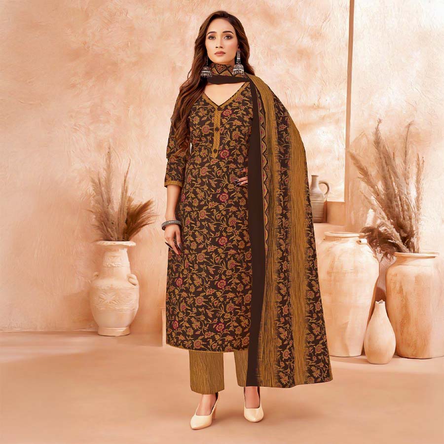 Brown  Cotton Casual Wear Salwar Kameez