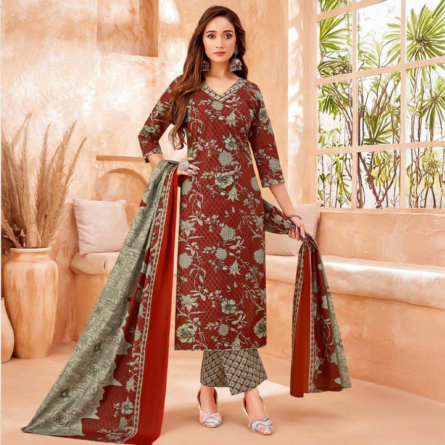 Brown  Cotton Casual Wear Salwar Kameez