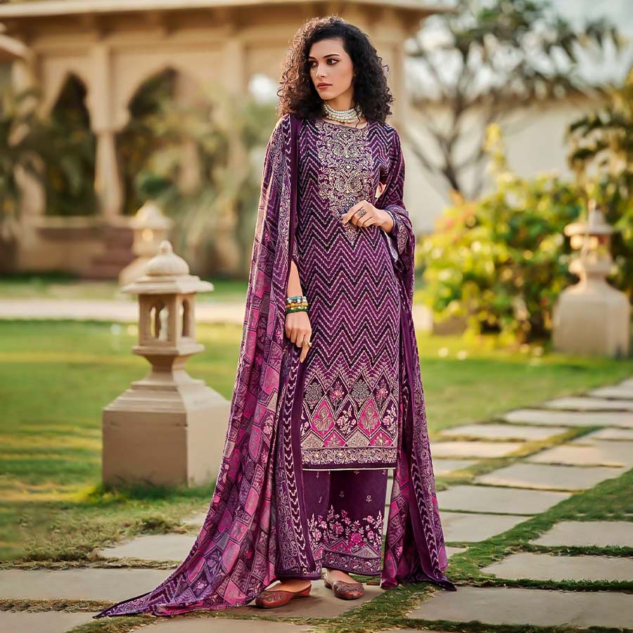 Violet Viscose Rayon Printed Salwar Kameez