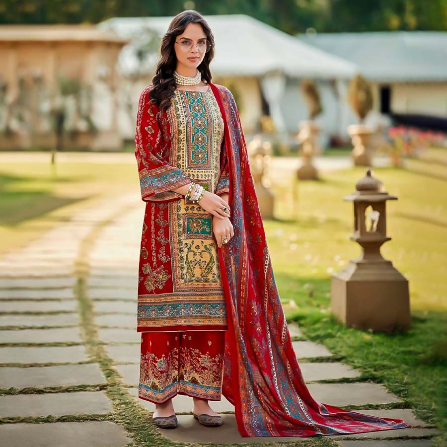 Red Viscose Rayon Printed Salwar Kameez