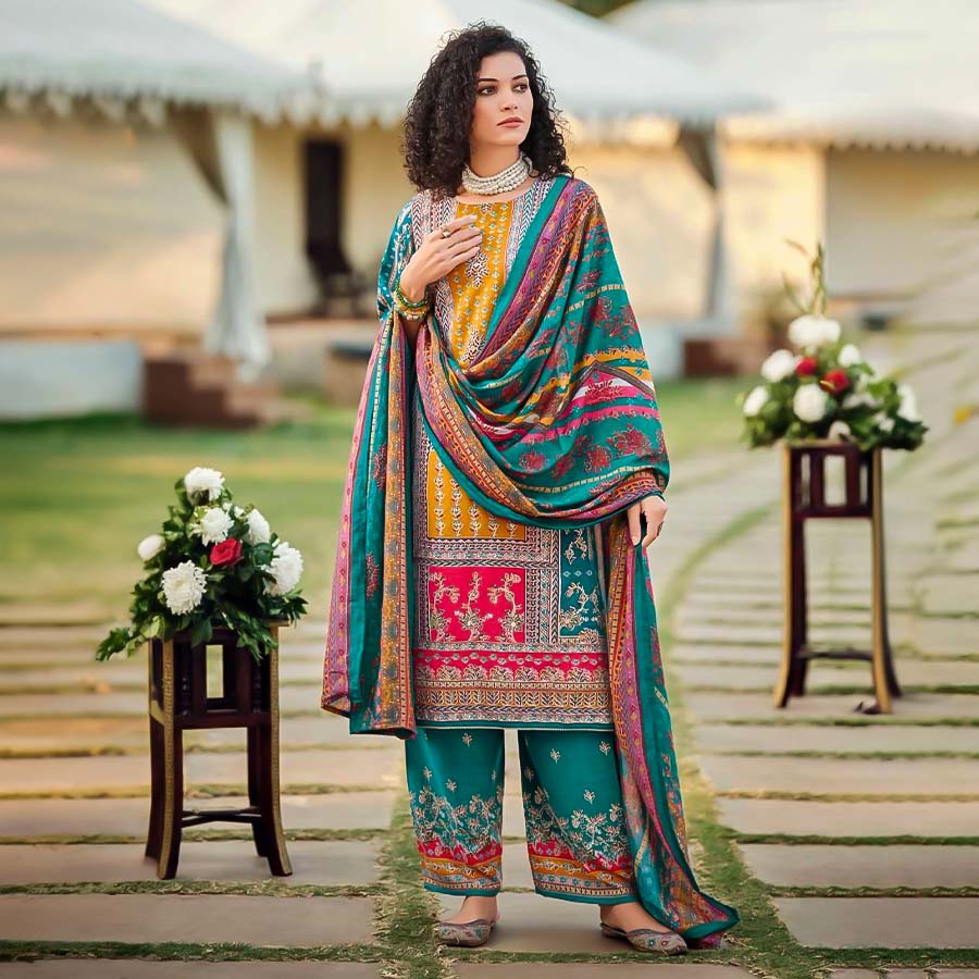 Cyan Viscose Rayon Printed Salwar Kameez