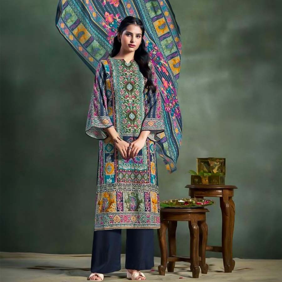 Blue Mix Cotton Printed Salwar Kameez