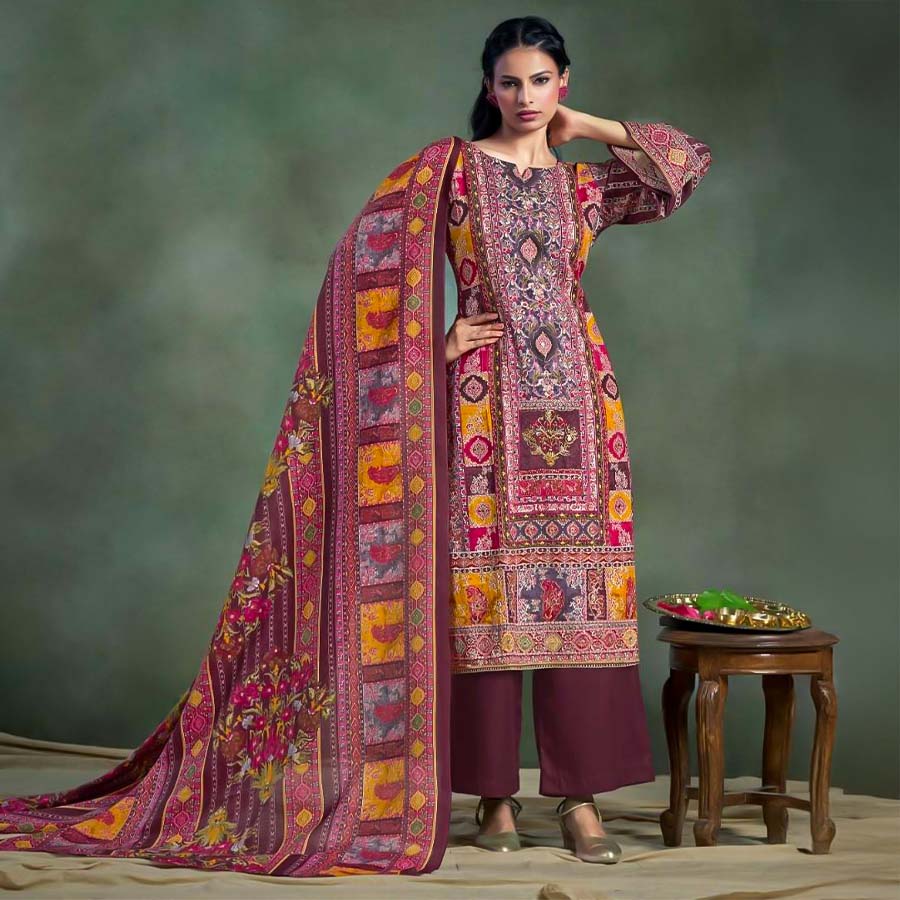 Brown Mix Cotton Printed Salwar Kameez