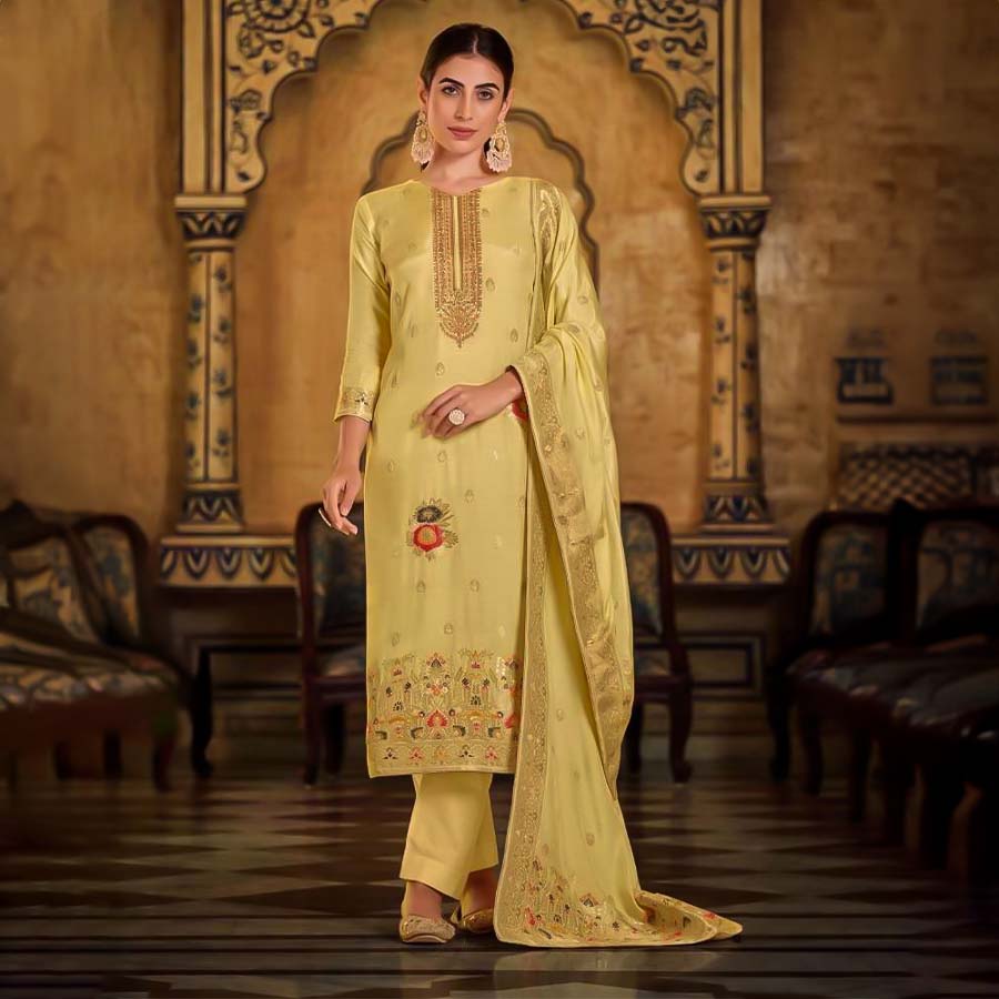 Yellow  Viscose Muslin Jacquard Casual Wear Salwar Kameez