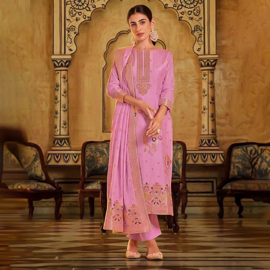 Pink Viscose Muslin Jacquard Casual Wear Salwar Kameez