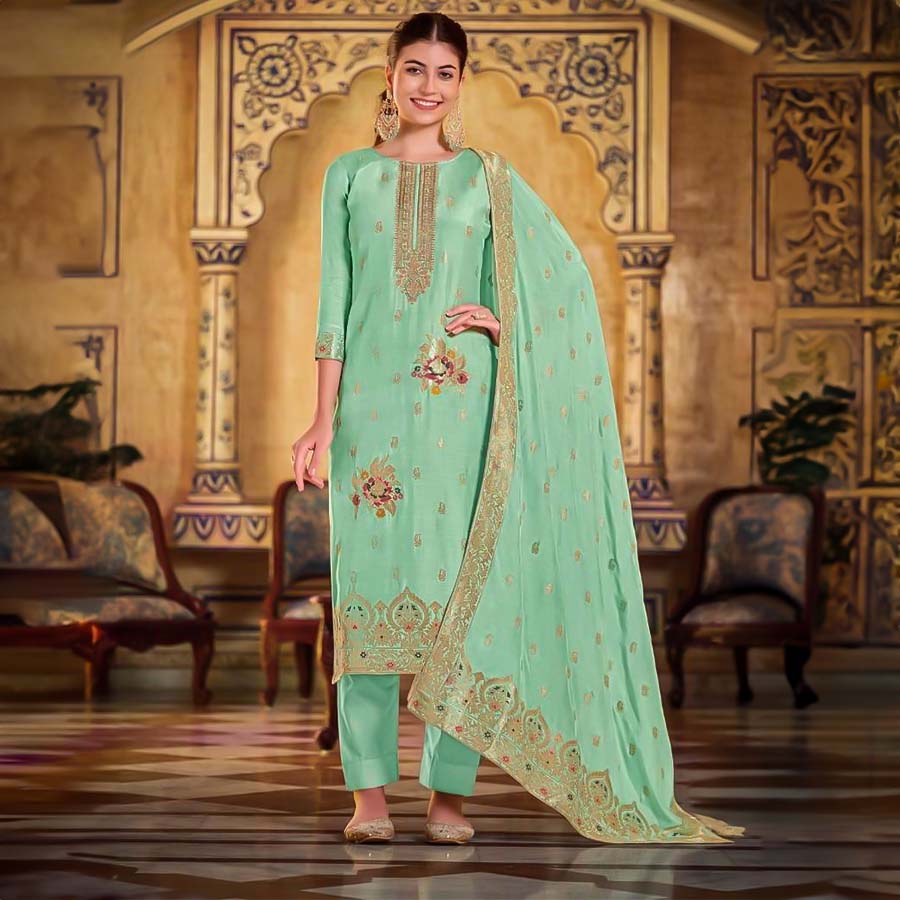 Green Viscose Muslin Jacquard Casual Wear Salwar Kameez