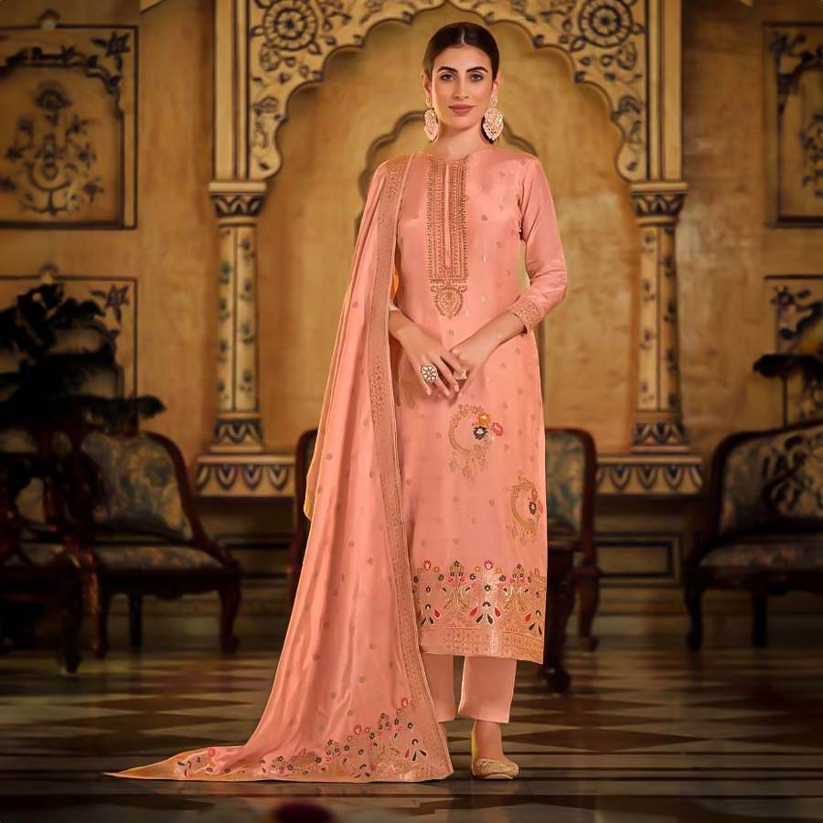 Salmon Viscose Muslin Jacquard Casual Wear Salwar Kameez