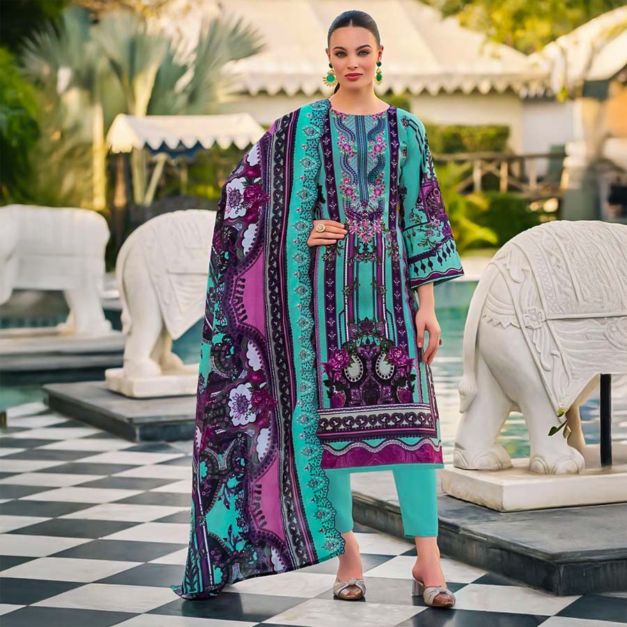 Cyan Cotton Casual Wear Salwar Kameez