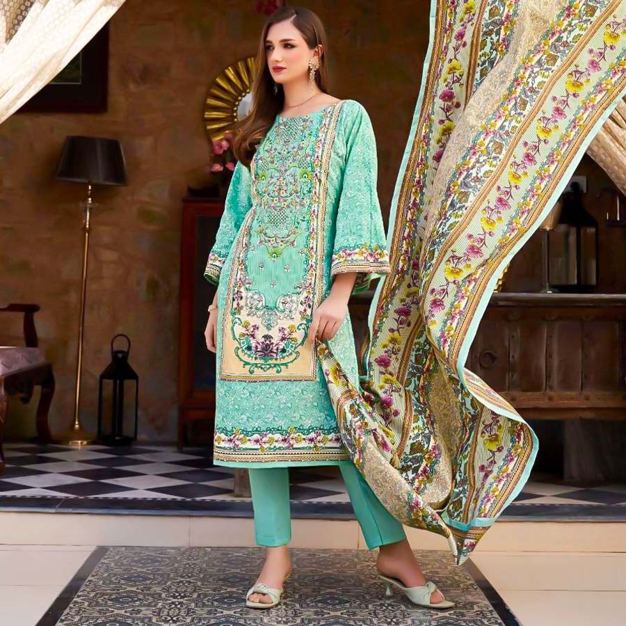 Cyan Cotton Casual Wear Salwar Kameez